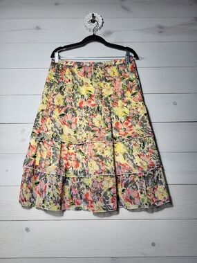 Notations Midi Skirt Butter Yellow Floral Tiered Spring Cottagecore Vintage.